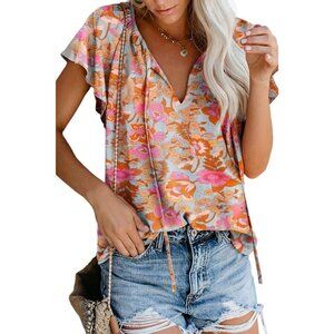 Boutique New Spring Drop: Boho Split V Neck Flutter Sleeve Floral Peasant Blouse